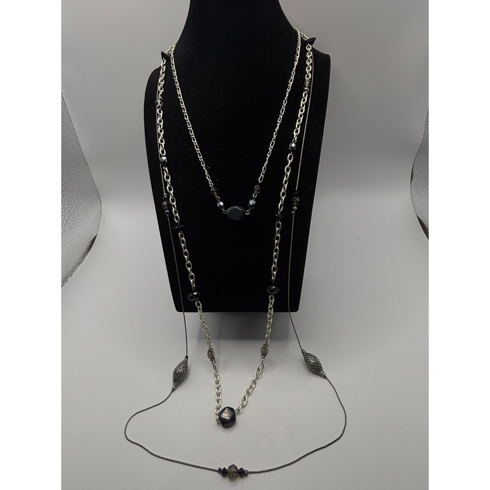 Sonoma Layered Necklace Womens 34" Silver Black Beaded Multi Strand Filigree